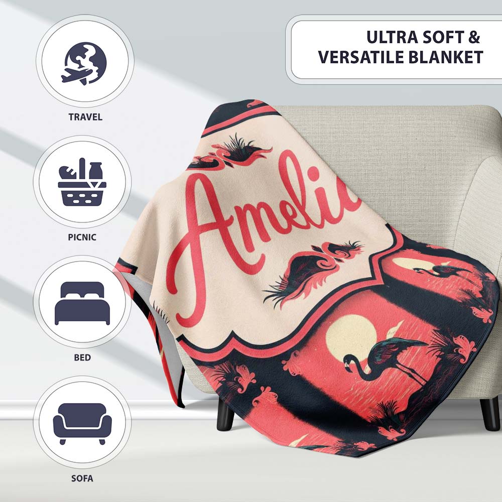 Dark Flamingo Moonlight Tropical Scene Seamless Pattern Exotic Bird  Personalised Custom Name Super Soft Fleece Blanket Bed Sofa Throw