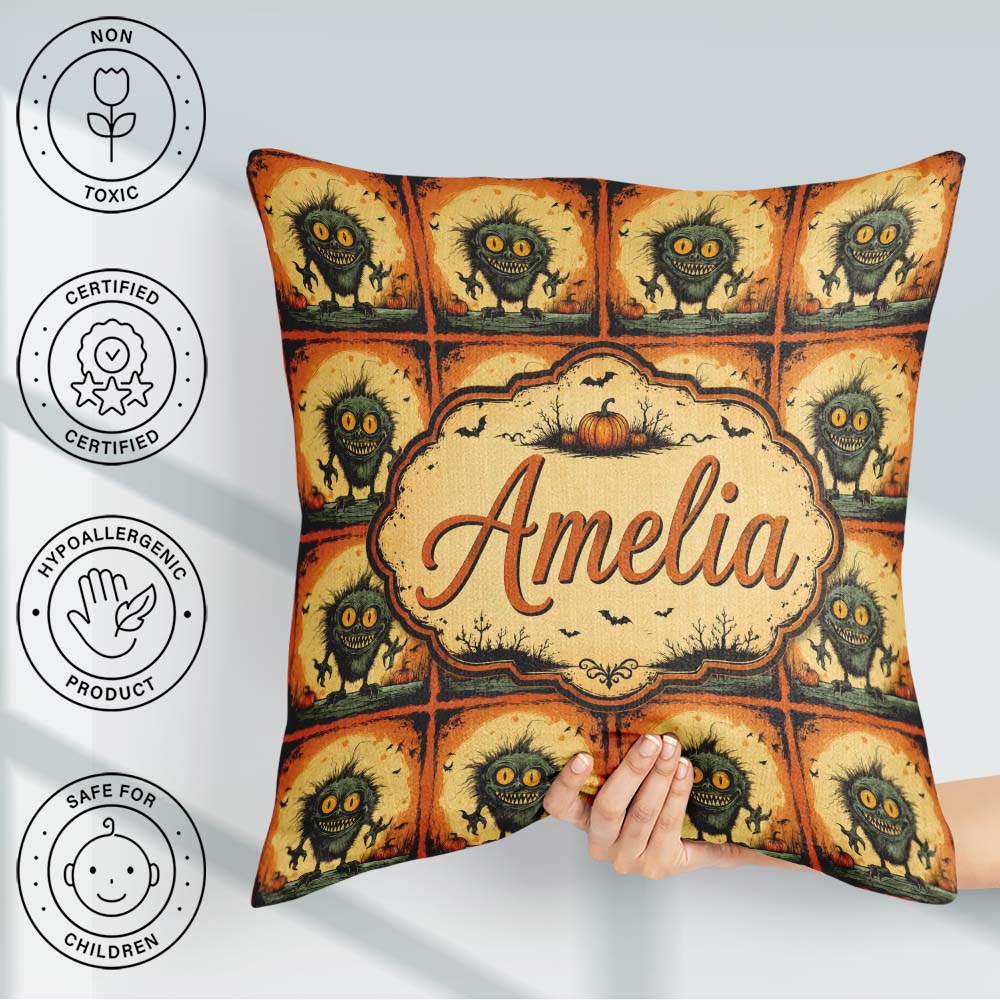 Custom Name Spooky Monster Pumpkin Halloween Seamless Fun Creepy Square Filled Cushion Throw Pillow Sofa Bed Home Decor Zip Washable UK Made