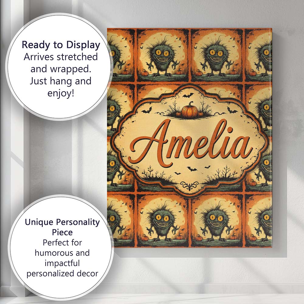 Personalised Name Cute Spooky Monster Custom Modern Room Accent Creative Decorator Style Canvas Wall Art Print Decor Picture Ready to Hang