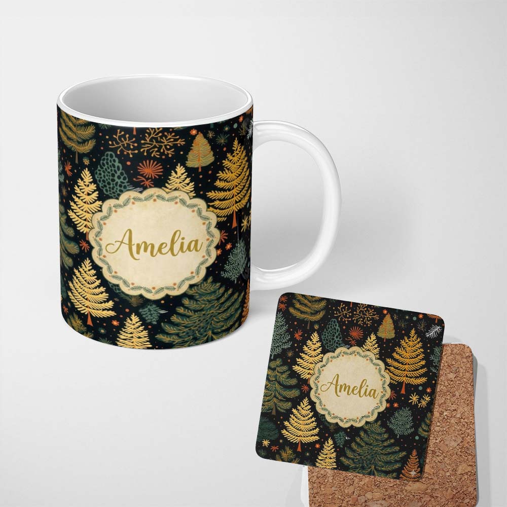 Personalized Custom Name Modern Christmas Trees Golden Leaves Dark Background Festive Lovely 11oz Ceramic Coffee Tea Mug White Large Handle