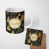 Personalized Custom Name Modern Christmas Trees Golden Leaves Dark Background Festive Lovely 11oz Ceramic Coffee Tea Mug White Large Handle