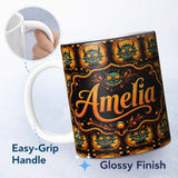 Personalized Custom Name Grinning Monster Halloween Pumpkin Scene Seamless Pattern Creepy 11oz Ceramic Coffee Tea Mug White Large Handle