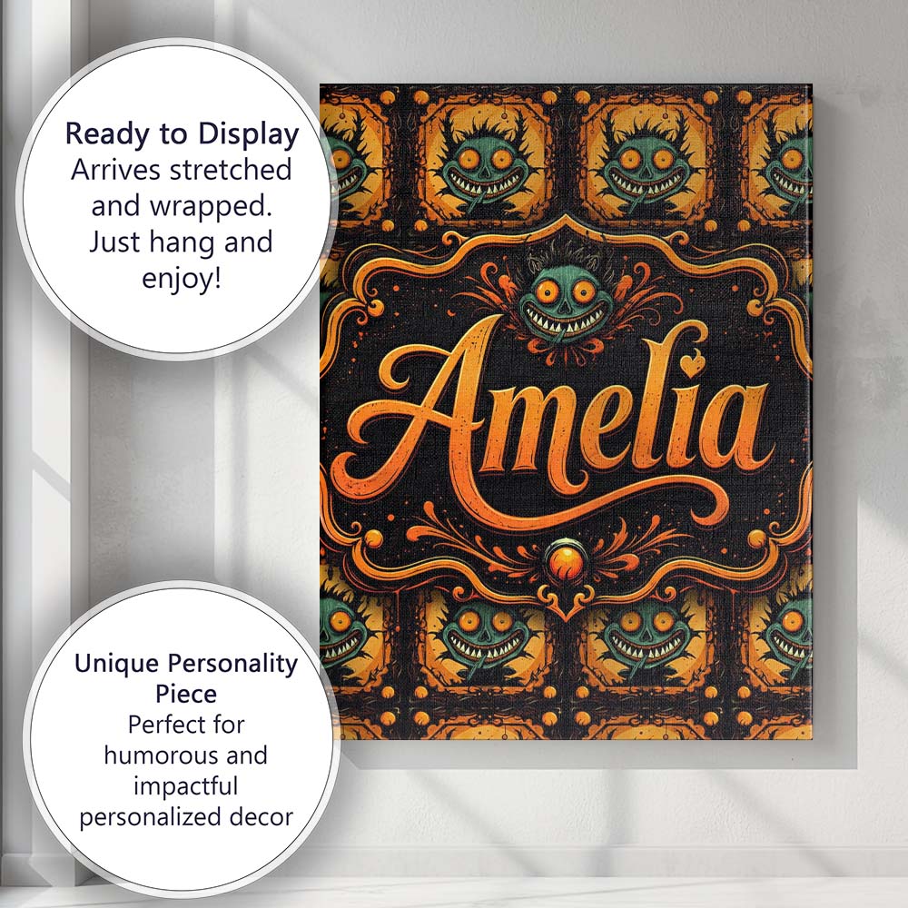 Personalised Name Grinning Monster Halloween Custom Bespoke  Contemporary Display Canvas Wall Art Print Decor Picture Ready to Hang