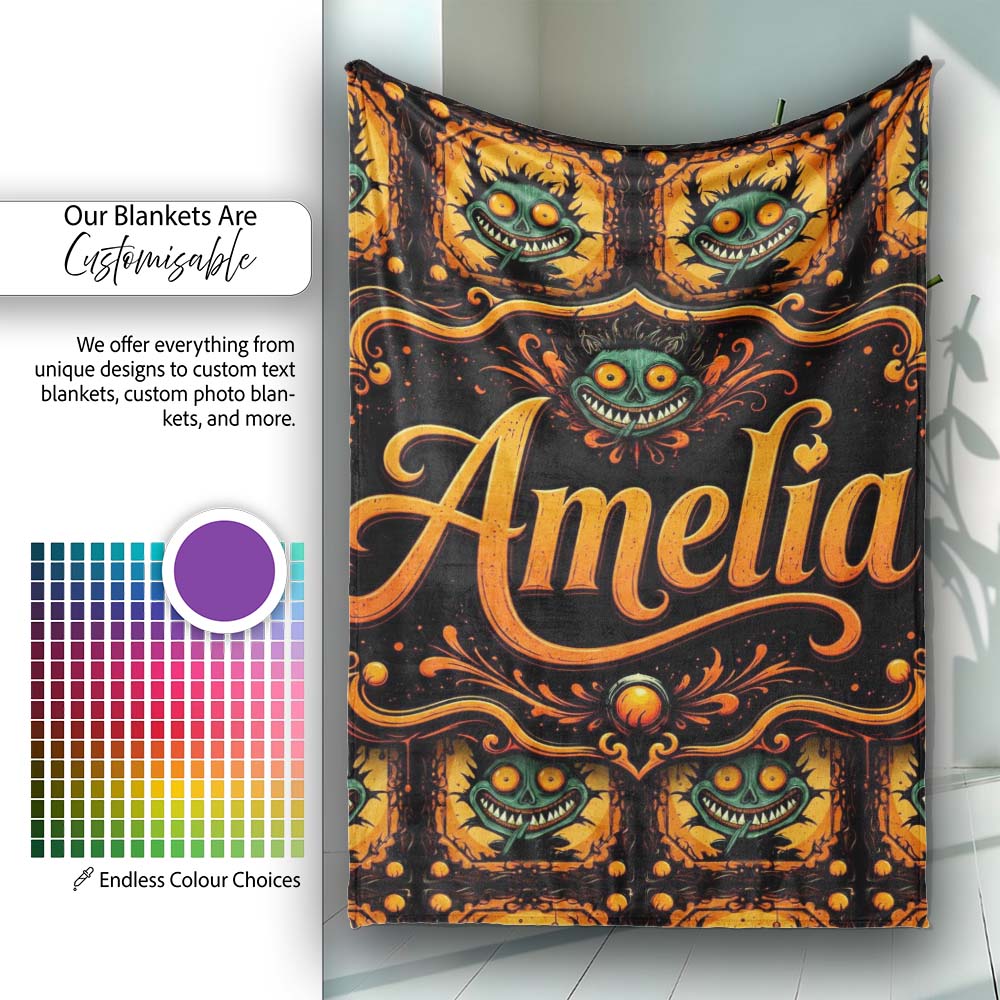 Grinning Monster Halloween Pumpkin Scene Seamless Pattern Creepy  Personalised Custom Name Super Soft Fleece Blanket Bed Sofa Throw