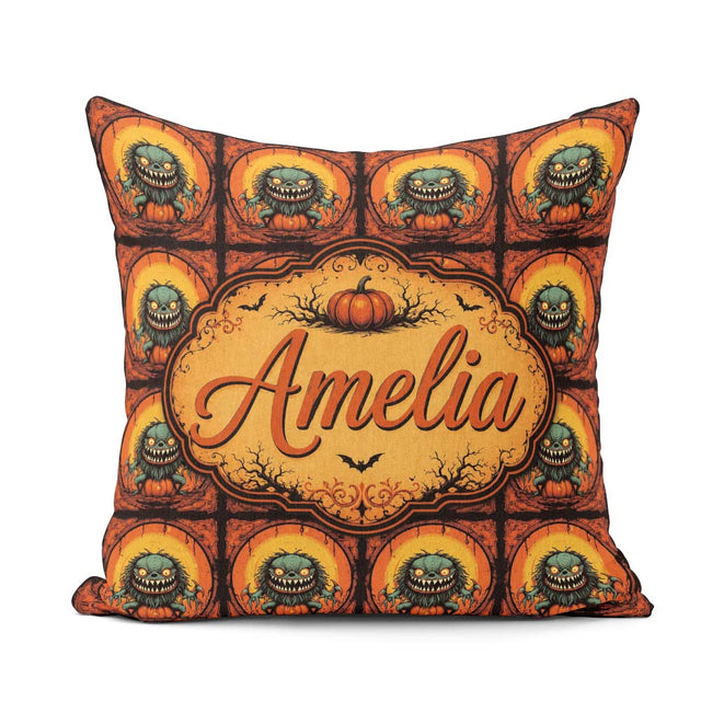 Custom Name Cartoon Monster Frame Halloween Seamless Pattern Fun Square Filled Cushion Throw Pillow Sofa Bed Home Decor Zip Washable UK Made