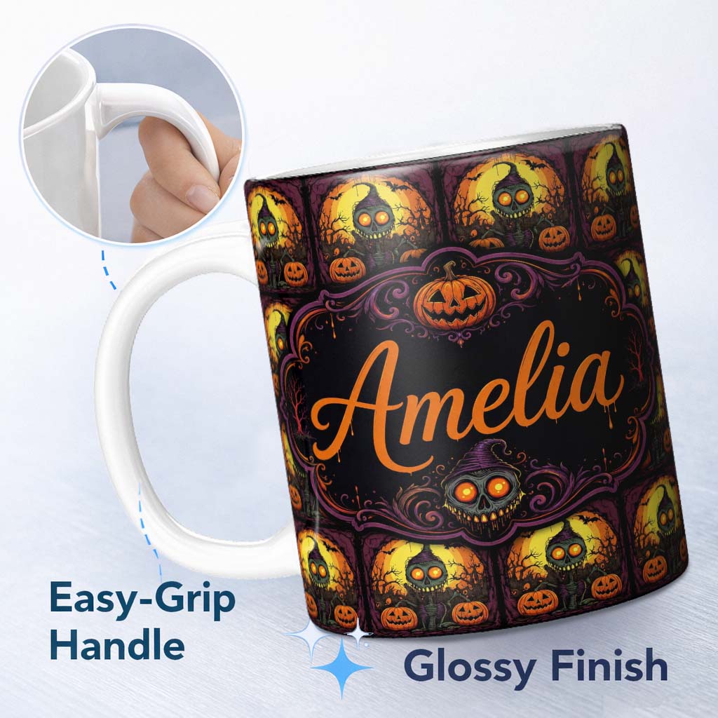 Personalized Custom Name Skeleton Pumpkin Halloween Night Seamless Pattern Spooky Cute 11oz Ceramic Coffee Tea Mug White Large Handle