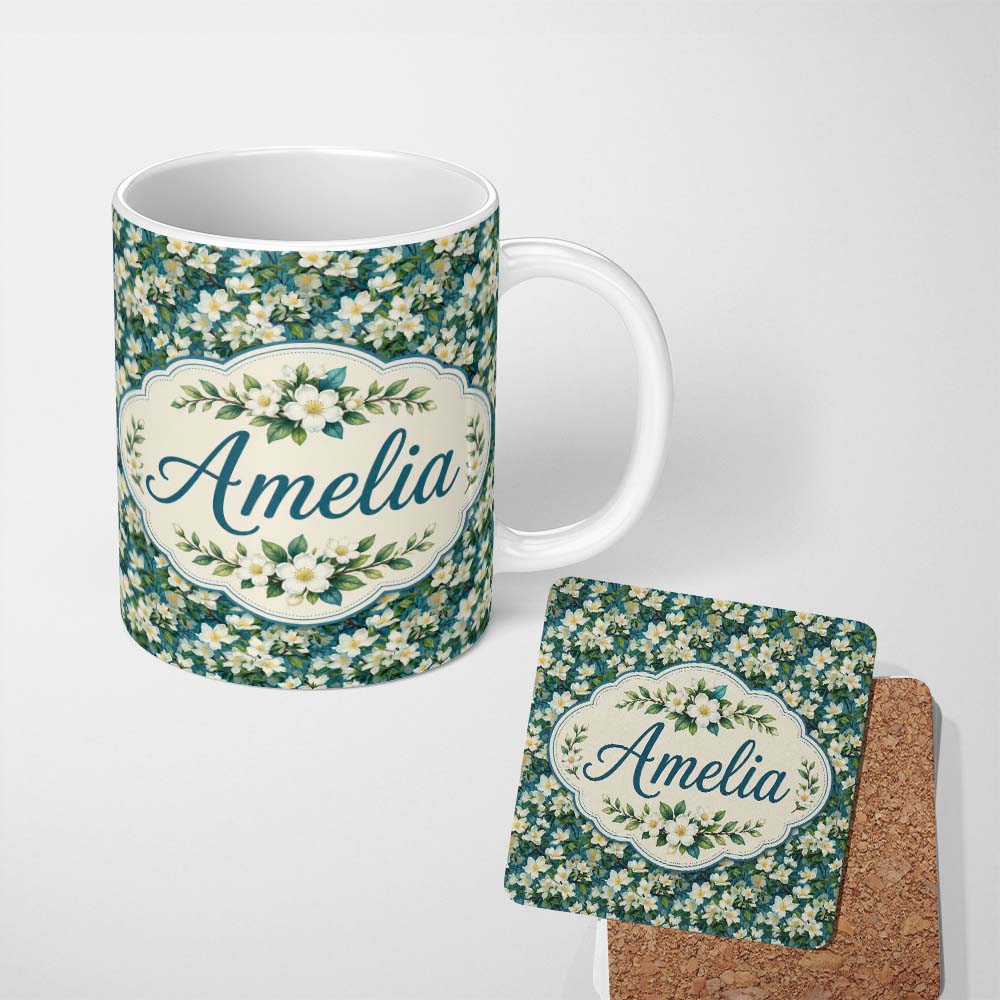 Personalized Custom Name White Blossom Floral Branches on Teal Background Seamless Pattern 11oz Ceramic Coffee Tea Mug White Large Handle
