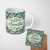 Personalized Custom Name White Blossom Floral Branches on Teal Background Seamless Pattern 11oz Ceramic Coffee Tea Mug White Large Handle
