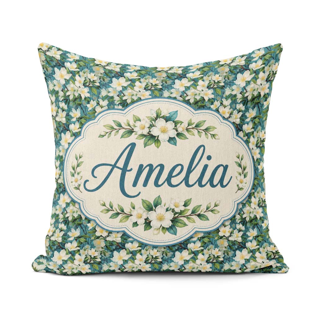 Custom Name White Blossom Floral Branches on Background Seamless Square Filled Cushion Throw Pillow Sofa Bed Home Decor Zip Washable UK Made