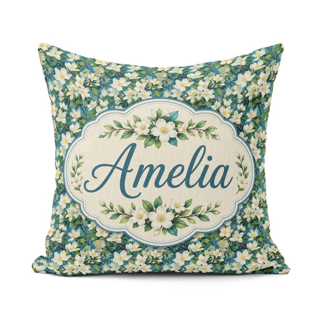 Custom Name White Blossom Floral Branches on Background Seamless Square Filled Cushion Throw Pillow Sofa Bed Home Decor Zip Washable UK Made