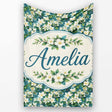 White Blossom Floral Branches on Teal Background Seamless Pattern  Personalised Custom Name Super Soft Fleece Blanket Bed Sofa Throw
