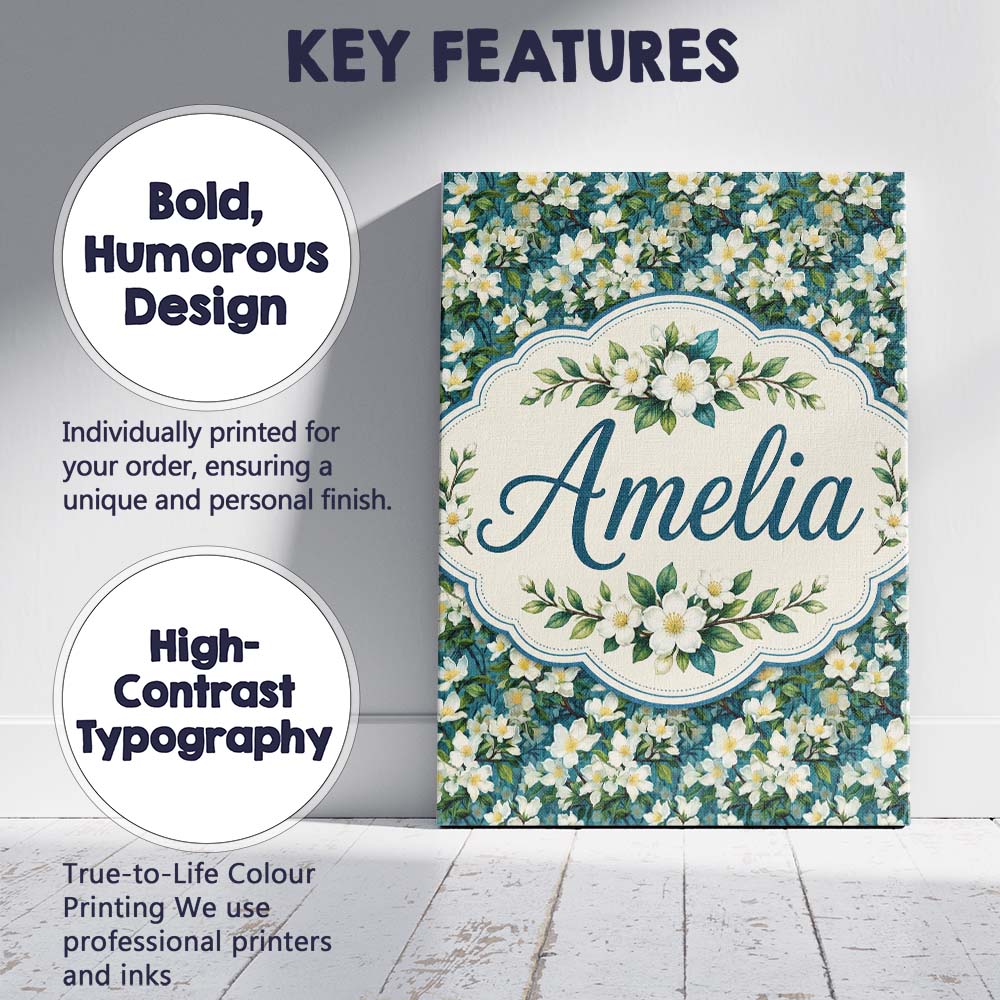 Personalised Name White Blossom Floral Custom  Modern Room Accent Elegant Feature Canvas Wall Art Print Decor Picture Ready to Hang