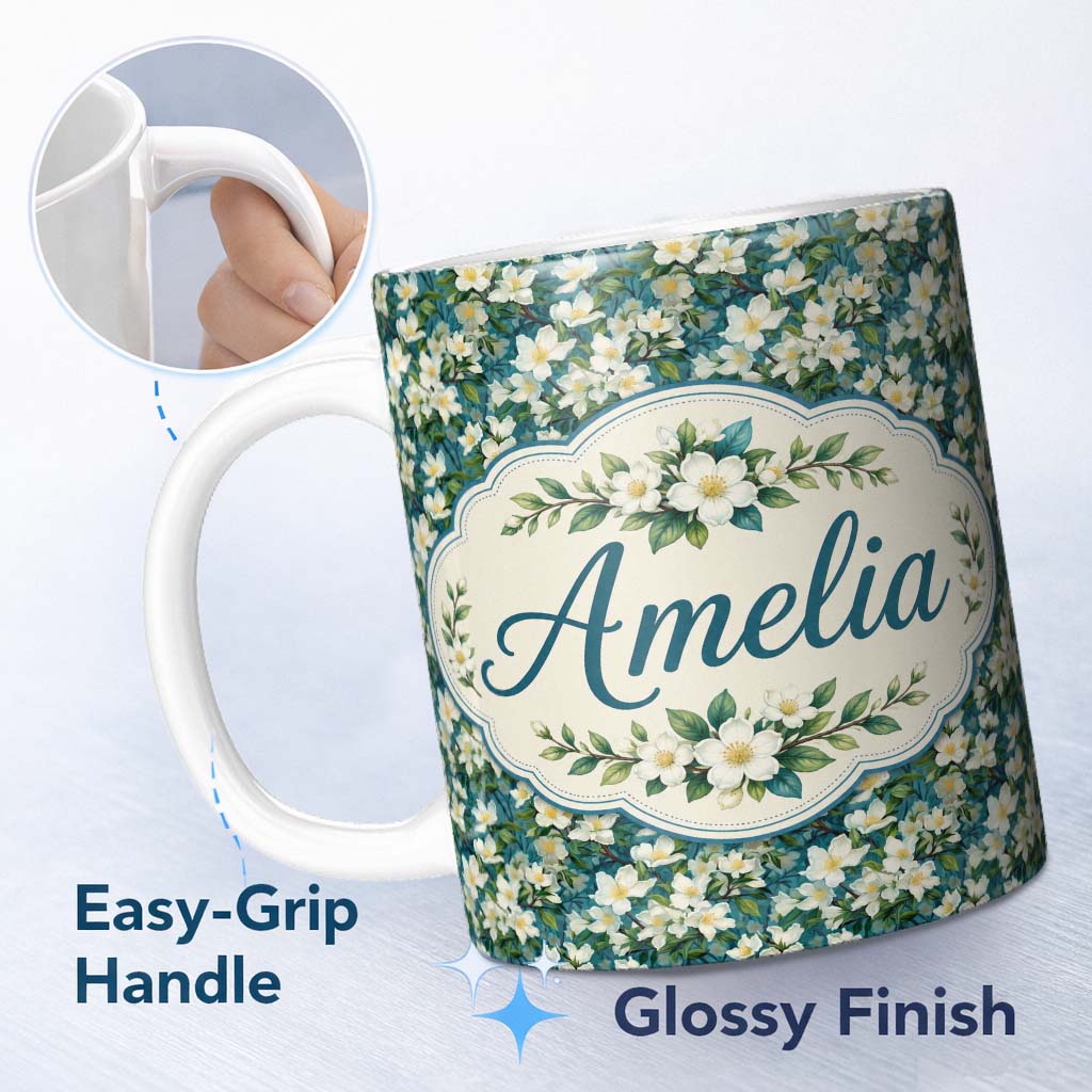 Personalized Custom Name White Blossom Floral Branches on Teal Background Seamless Pattern 11oz Ceramic Coffee Tea Mug White Large Handle