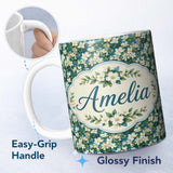 Personalized Custom Name White Blossom Floral Branches on Teal Background Seamless Pattern 11oz Ceramic Coffee Tea Mug White Large Handle