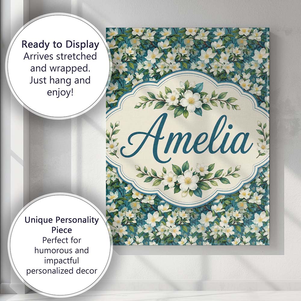 Personalised Name White Blossom Floral Custom  Modern Room Accent Elegant Feature Canvas Wall Art Print Decor Picture Ready to Hang