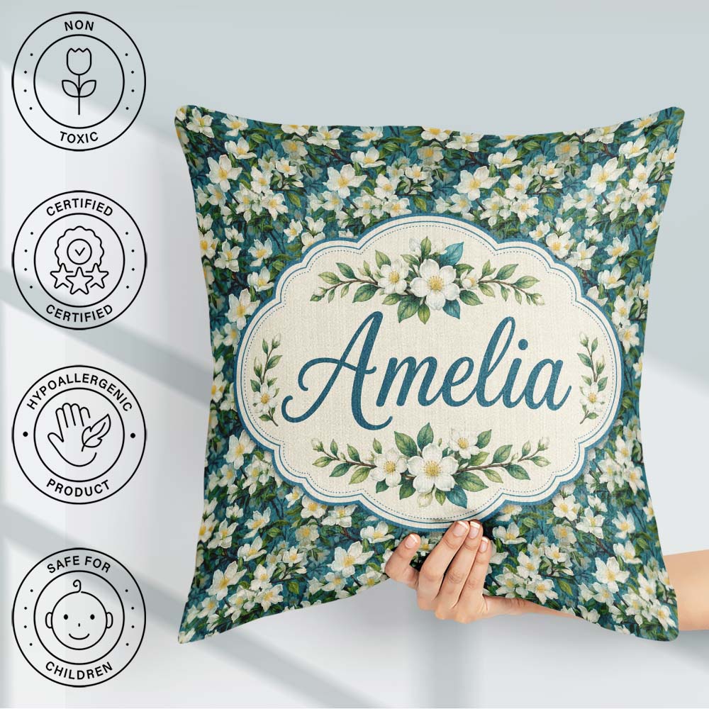 Custom Name White Blossom Floral Branches on Background Seamless Square Filled Cushion Throw Pillow Sofa Bed Home Decor Zip Washable UK Made
