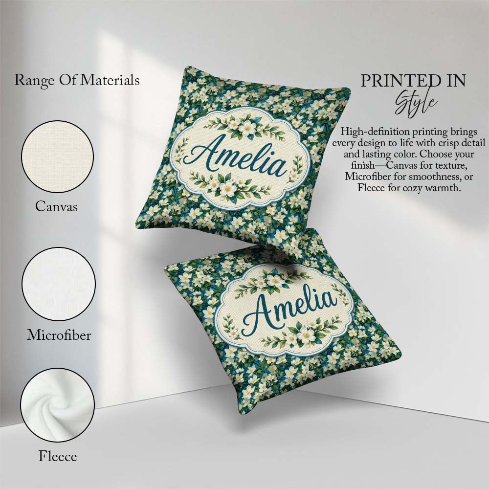 Custom Name White Blossom Floral Branches on Background Seamless Square Filled Cushion Throw Pillow Sofa Bed Home Decor Zip Washable UK Made