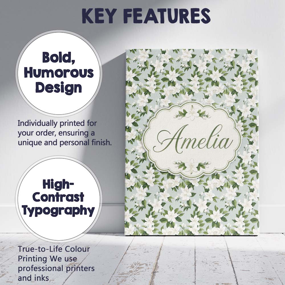 Personalised Name White Jasmine Flowers on Custom  Unique Gift Idea Elegant Feature Canvas Wall Art Print Decor Picture Ready to Hang