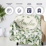 White Jasmine Flowers on Sage Green Seamless Pattern Delicate  Personalised Custom Name Super Soft Fleece Blanket Bed Sofa Throw