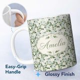 Personalized Custom Name White Jasmine Flowers on Sage Green Seamless Pattern Delicate 11oz Ceramic Coffee Tea Mug White Large Handle