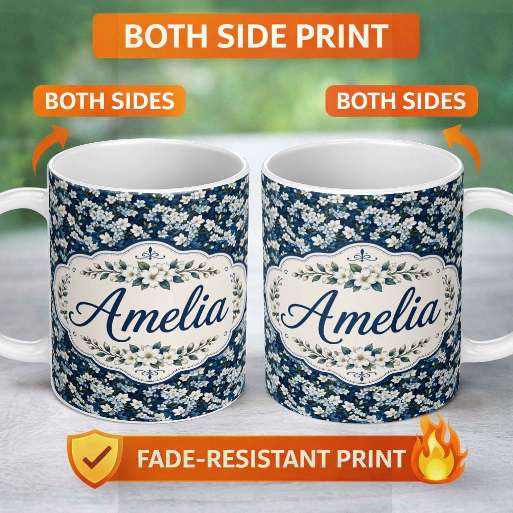Personalized Custom Name White Floral Bloom on Deep Navy Background Seamless Pattern 11oz Ceramic Coffee Tea Mug White Large Handle