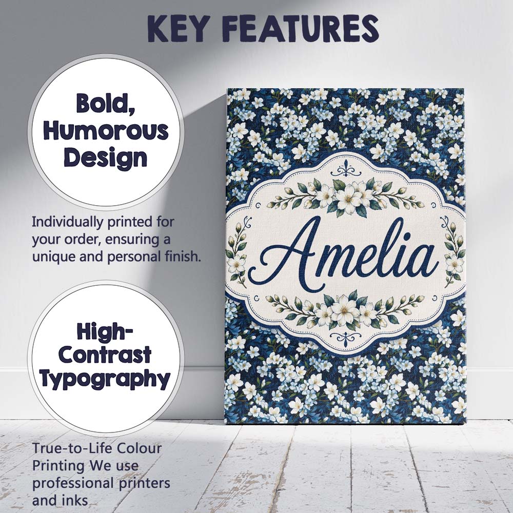 Personalised Name White Floral Bloom on Custom  Modern Room Accent Elegant Feature Canvas Wall Art Print Decor Picture Ready to Hang