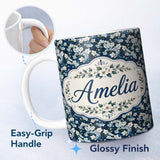 Personalized Custom Name White Floral Bloom on Deep Navy Background Seamless Pattern 11oz Ceramic Coffee Tea Mug White Large Handle
