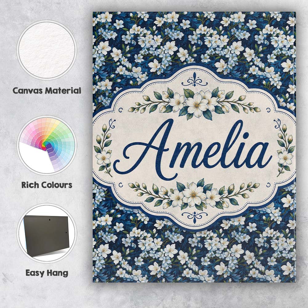Personalised Name White Floral Bloom on Custom  Modern Room Accent Elegant Feature Canvas Wall Art Print Decor Picture Ready to Hang