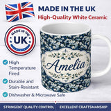 Personalized Custom Name White Floral Bloom on Deep Navy Background Seamless Pattern 11oz Ceramic Coffee Tea Mug White Large Handle