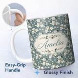 Personalized Custom Name White Flower Branches on Dusty Blue Seamless Pattern Classic 11oz Ceramic Coffee Tea Mug White Large Handle