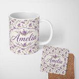 Personalized Custom Name Purple Wildflowers on Cream Background Seamless Pattern Soft 11oz Ceramic Coffee Tea Mug White Large Handle