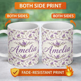 Personalized Custom Name Purple Wildflowers on Cream Background Seamless Pattern Soft 11oz Ceramic Coffee Tea Mug White Large Handle
