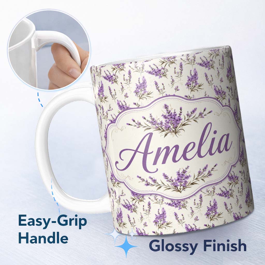 Personalized Custom Name Purple Wildflowers on Cream Background Seamless Pattern Soft 11oz Ceramic Coffee Tea Mug White Large Handle