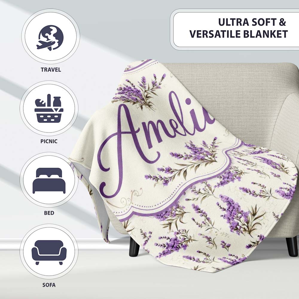 Purple Wildflowers on Cream Background Seamless Pattern Soft  Personalised Custom Name Super Soft Fleece Blanket Bed Sofa Throw