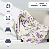 Purple Wildflowers on Cream Background Seamless Pattern Soft  Personalised Custom Name Super Soft Fleece Blanket Bed Sofa Throw