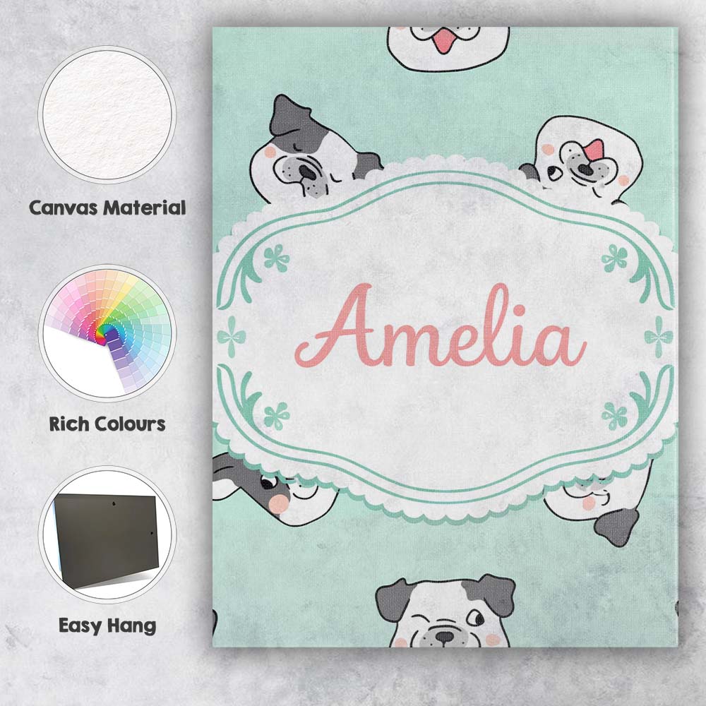 Personalised Name Cute French Bulldog Faces Teal Background Seamless Custom  Home Canvas Wall Art Print Decor Picture Ready to Hang