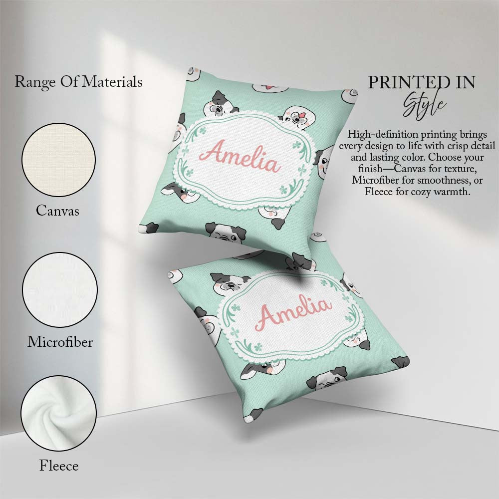 Custom Name Cute French Bulldog Teal Background Seamless Pattern Square Filled Cushion Throw Pillow Sofa Bed Home Decor Zip Washable UK Made