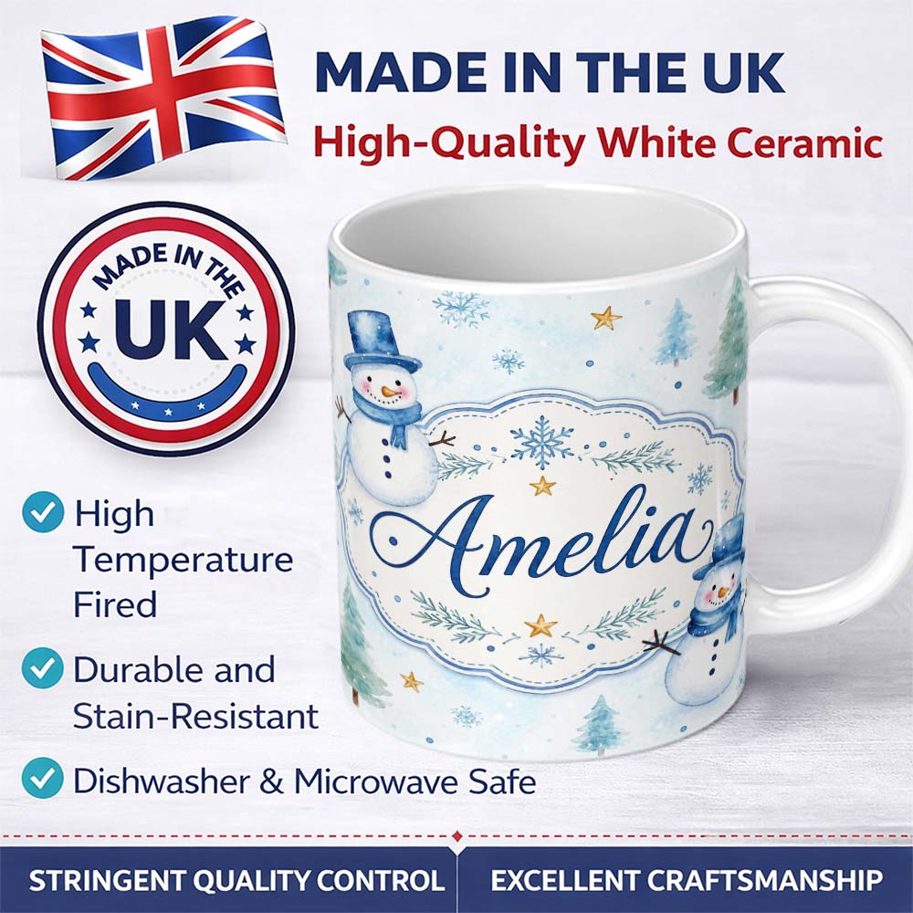 Personalized Custom Name Cute Snowman Winter Trees Snowflakes Seamless Pattern Lovely 11oz Ceramic Coffee Tea Mug White Large Handle