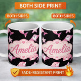 Personalized Custom Name Cute Pink Dolphin Stingray Starfish Ocean Creatures Black Background 11oz Ceramic Coffee Tea Mug White Large Handle