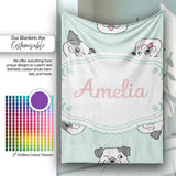 Cute French Bulldog Faces Teal Background Seamless Pattern Lovely  Personalised Custom Name Super Soft Fleece Blanket Bed Sofa Throw