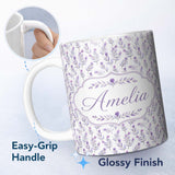 Personalized Custom Name Minimal Lavender Leaves on Light Background Seamless Pattern 11oz Ceramic Coffee Tea Mug White Large Handle