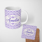 Personalized Custom Name Purple Geometric Floral Motif Seamless Pattern Abstract Botanical 11oz Ceramic Coffee Tea Mug White Large Handle