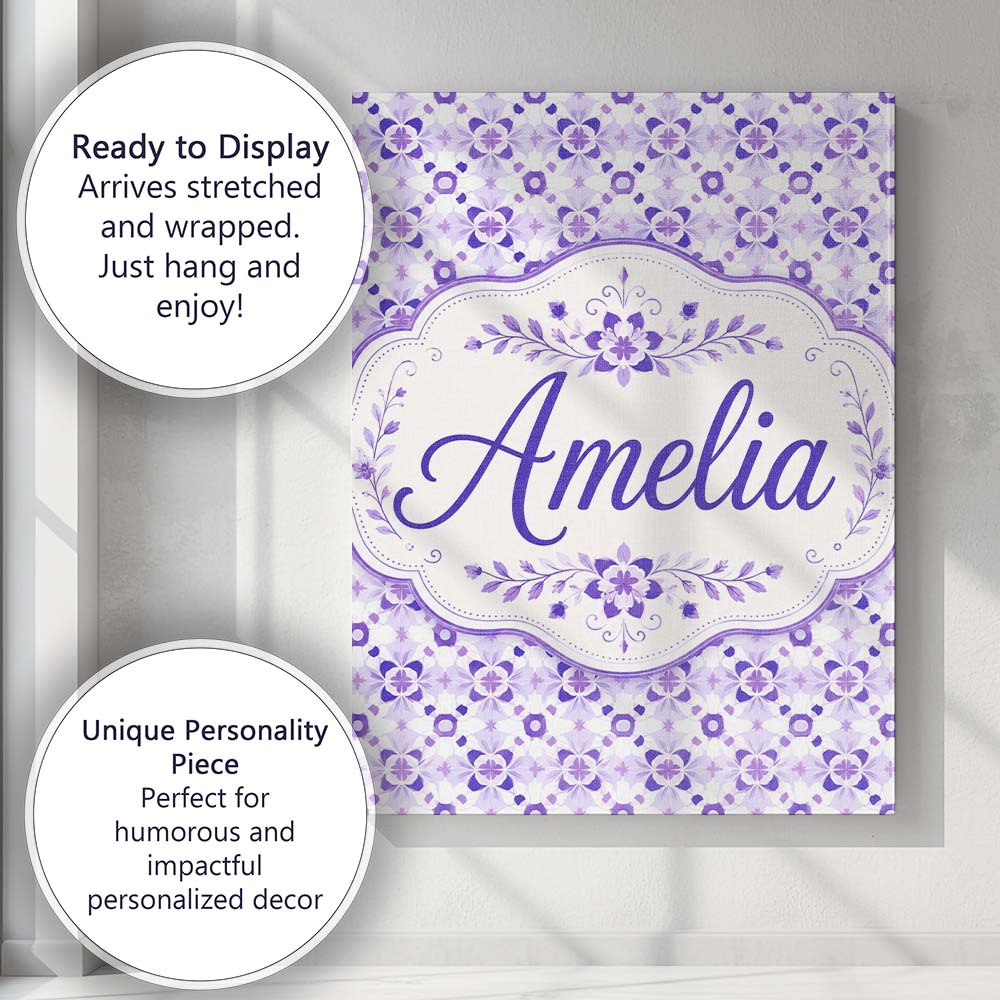 Personalised Name Purple Geometric Floral Custom  Unique Gift Idea Elegant Feature Canvas Wall Art Print Decor Picture Ready to Hang