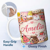 Personalized Custom Name Cute Kawaii Food Characters Seamless Pattern Cream Background Fun 11oz Ceramic Coffee Tea Mug White Large Handle