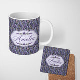 Personalized Custom Name Detailed Lavender Botanical Garden Seamless Pattern Elegant Floral 11oz Ceramic Coffee Tea Mug White Large Handle