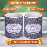 Personalized Custom Name Detailed Lavender Botanical Garden Seamless Pattern Elegant Floral 11oz Ceramic Coffee Tea Mug White Large Handle