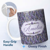 Personalized Custom Name Detailed Lavender Botanical Garden Seamless Pattern Elegant Floral 11oz Ceramic Coffee Tea Mug White Large Handle