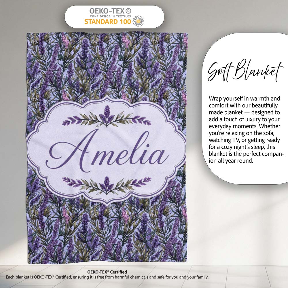 Detailed Lavender Botanical Garden Seamless Pattern Elegant Floral  Personalised Custom Name Super Soft Fleece Blanket Bed Sofa Throw