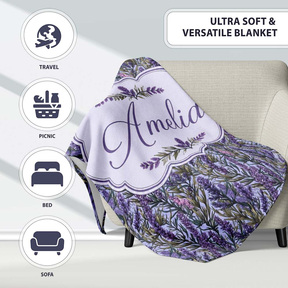 Detailed Lavender Botanical Garden Seamless Pattern Elegant Floral  Personalised Custom Name Super Soft Fleece Blanket Bed Sofa Throw
