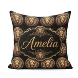 Custom Name Golden Lion Head Medallion on Black Seamless Pattern Square Filled Cushion Throw Pillow Sofa Bed Home Decor Zip Washable UK Made
